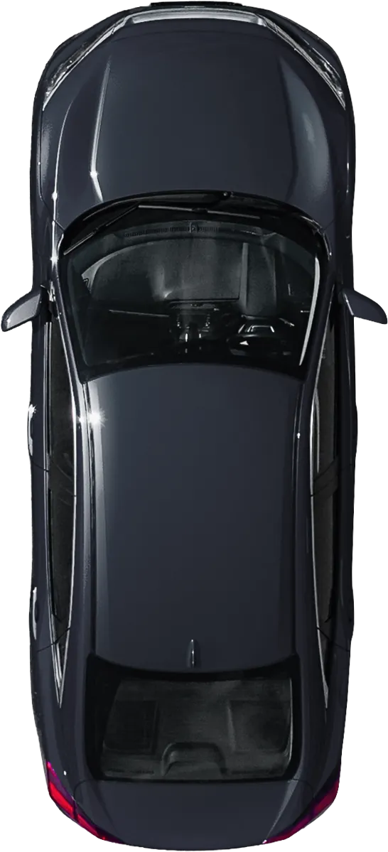 Dunkelgraues Auto von oben, mit sichtbaren Seitenspiegeln und Front- sowie Heckscheibe.