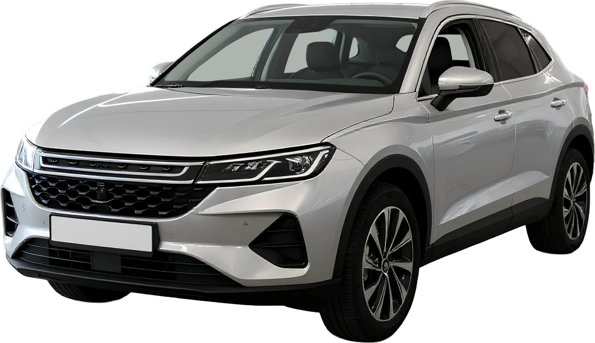 Silberfarbener SUV mit markantem Kühlergrill, LED-Scheinwerfern und fünf Doppelspeichen-Felgen, Seitenansicht leicht schräg von vorne.