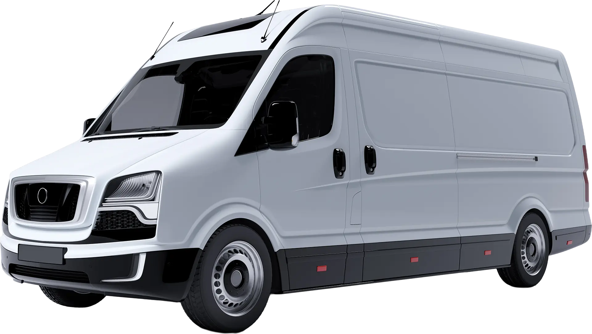 Weißer Transporter mit schwarzem Unterboden, zwei Türen an der Seite und schwarzem Kühlergrill, seitliche Fenster fehlen.